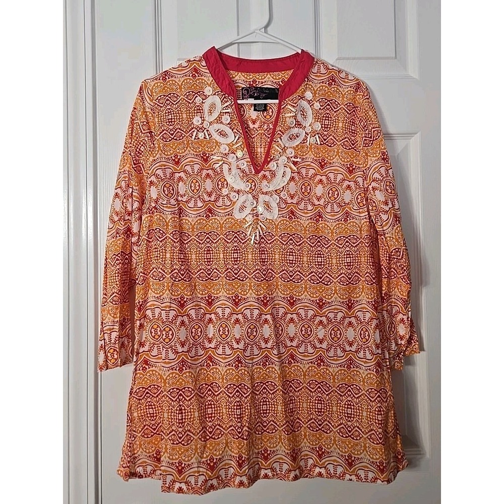 Peek‎ & Peck Womans 3/4 Blouse Size Large 100% Cotton Orange, Pink, White
